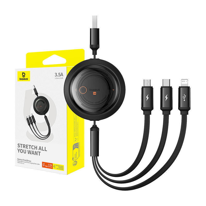 Fast Charging Cable 3in1 Baseus Free2Draw, USB to micro USB+USB-C+Lightning, 3.5A, 1.1m (black) - Product Image 9