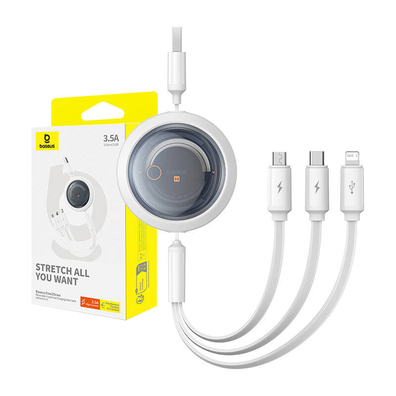 Fast Charging Cable 3in1 Baseus Free2Draw, USB to micro USB+USB-C+Lightning, 3.5A, 1.1m (white) - Product Image 9