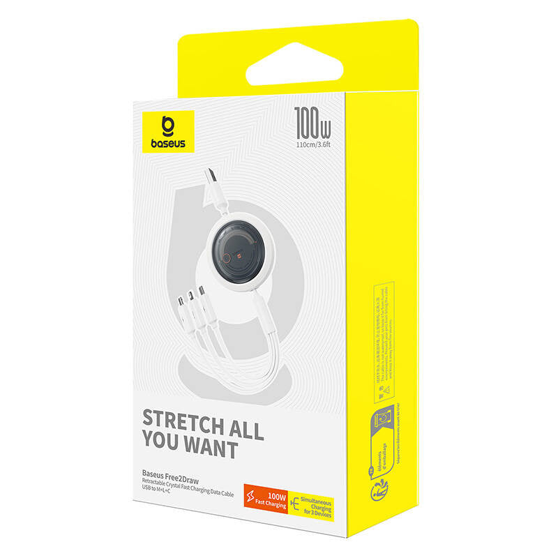 3-in-1 Baseus Free2Draw USB to M+L+C 100W cable, 1.1 m (white) - Product Image 6
