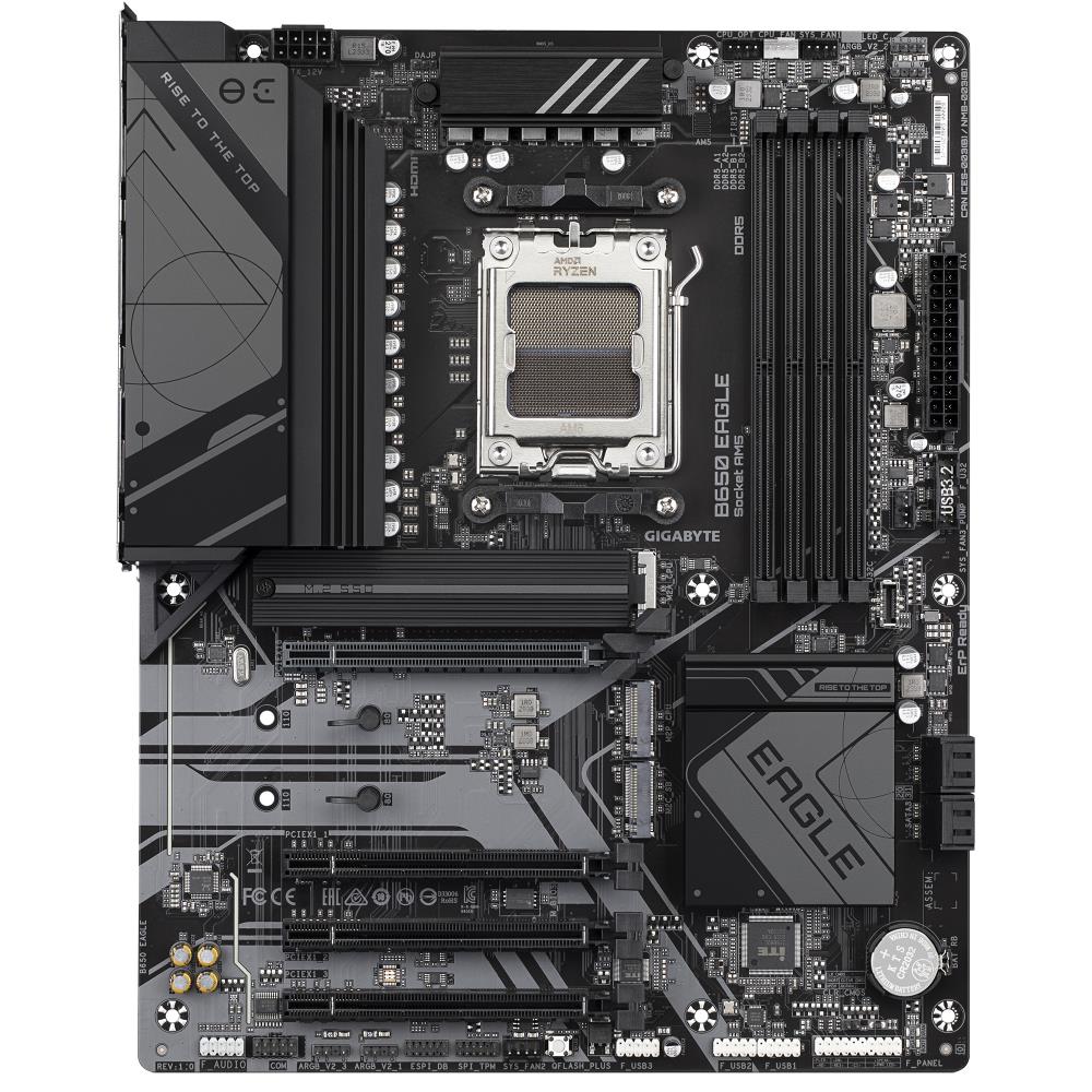 Mainboard GIGABYTE AMD B650 SAM5 ATX Memory DDR5 Memory slots 4 1xPCI-Express 16x 3xPCI-Express 3.0 16x 3xM.2 1xHDMI 1xDisplayPort 1xAudio-In 1xAudio-Out 1xMicrophone 6xUSB 2.0 2xUSB 3.2 1xUSB-C 1xPS/2 1xRJ45 B650EAGLE