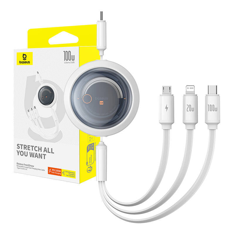 Fast Charging Cable 3in1 Baseus Free2Draw USB-C to USB-C/Lightning/Micro 100W, 1,1m (white) - Product Image 9