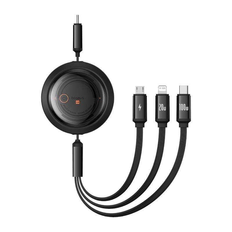 Fast Charging Cable 3in1 Baseus Free2Draw USB-C to USB-C/Lightning/Micro 100W, 1,1m (black) - Product Image 1