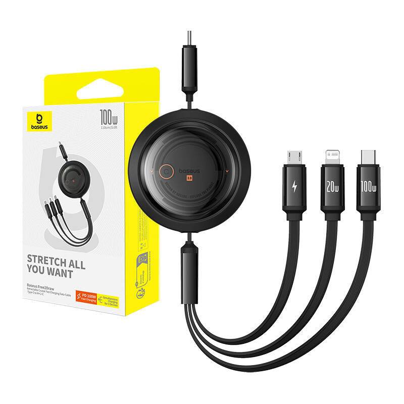 Fast Charging Cable 3in1 Baseus Free2Draw USB-C to USB-C/Lightning/Micro 100W, 1,1m (black) - Product Image 9