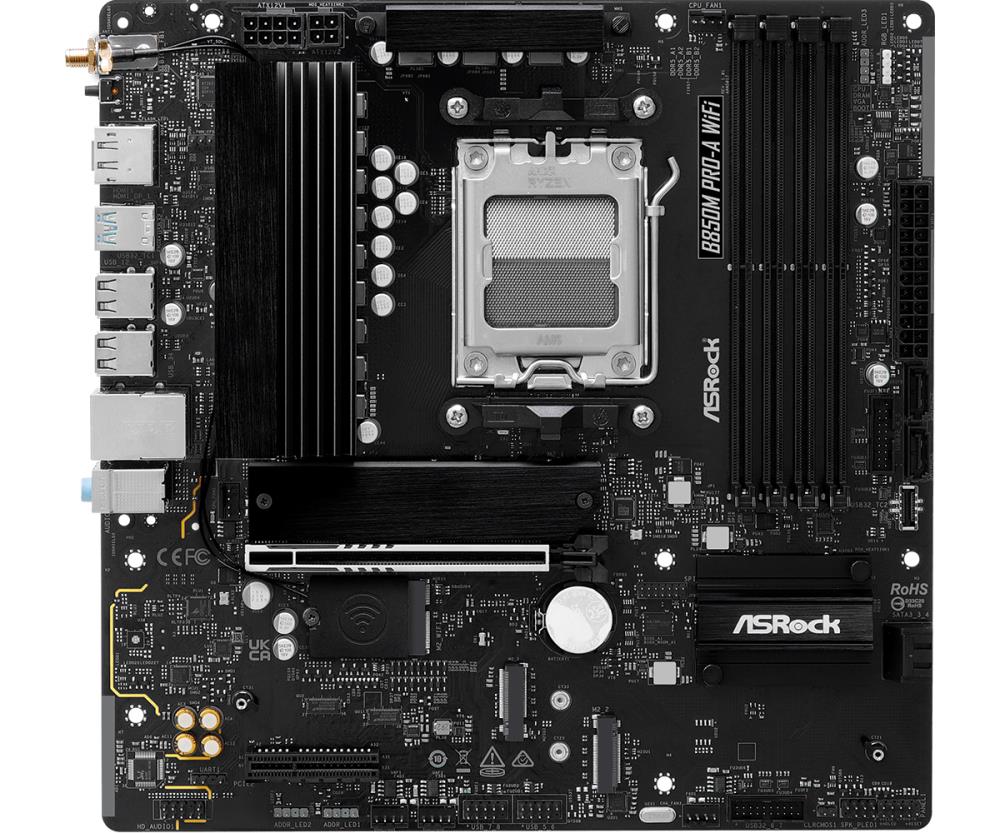 Mainboard ASROCK 1xPCI-Express 4.0 4x 1xPCI-Express 5.0 16x 1xM.2 1xHDMI 1xDisplayPort 1xAudio-In 1xAudio-Out 1xMicrophone 4xUSB 2.0 3xUSB 3.2 1xUSB-C 1xRJ45 B850MPRO-AWIFI