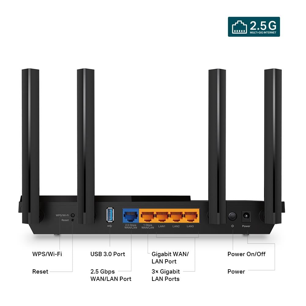 Wireless Router TP-LINK Wireless Router 3000 Mbps Wi-Fi 6 IEEE 802.11a IEEE 802.11 b/g IEEE 802.11n IEEE 802.11ac IEEE 802.11ax USB 3.0 3x10/100/1000M 1x2.5GbE LAN \ WAN ports 1 Number of antennas 4 ARCHERAX55PRO