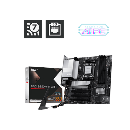 MSI PRO B850M-P WIFI | Processor family AMD B850 | Processor socket AM5 | DDR5 | Supported hard disk drive interfaces SATA, M.2 | Number of SATA connectors 4