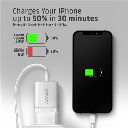 AXAGON Wallcharger 1x port USB-C, PD3.0 / PPS /QC4+/AFC/FCP/Apple, 20W | ACU-PD20W