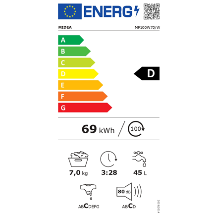 Midea Washing Machine | MF100W70/W | Energy efficiency class D | Front loading | Washing capacity 7 kg | 1200 RPM | Depth 40 cm | Width 60 cm | Display | LED | White