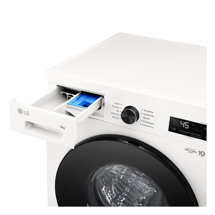 LG Washing machine | F4X1009NWB | Energy efficiency class A | Front loading | Washing capacity 9 kg | 1400 RPM | Depth 55 cm | Width 60 cm | Display | LED | Steam function | Direct drive | Wi-Fi | White