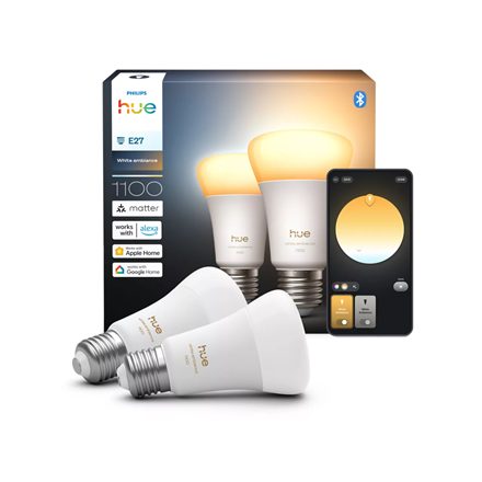 Philips Hue WA 1100 A60 2P EU | E27 | 8.1 W | Warm to cool white light | Bluetooth and Zigbee