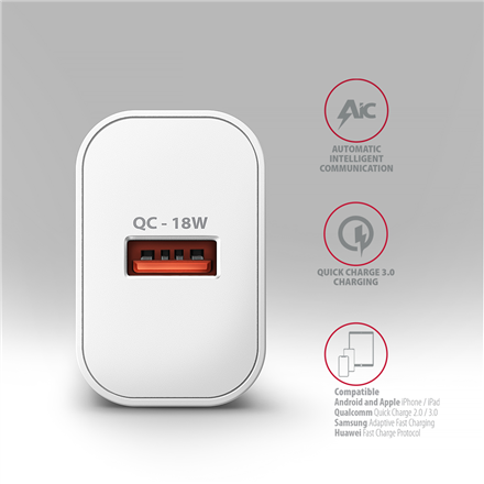 AXAGON Wallcharger 1x port USB-A, QC3.0/AFC/FCP/Apple, 18W | ACU-QC18W