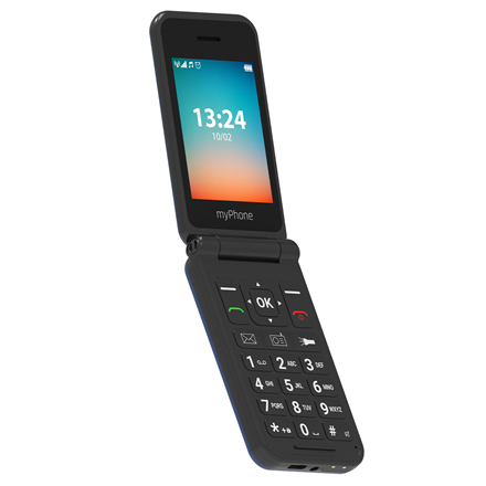 myPhone Flip | LTE | Navy Blue | 2.8 " | TFT | 48 MB | 128 MB | 3G | Bluetooth | 2.1 | USB version Type-C | Built-in camera | Main camera resolution 1.3 MP | 1000 mAh
