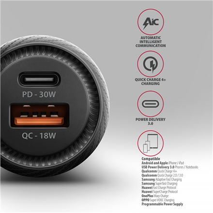 AXAGON Car charger 48W, USB-A + USB-C, PD3.0/PPS/QC4+/SFC | PWC-PQ48
