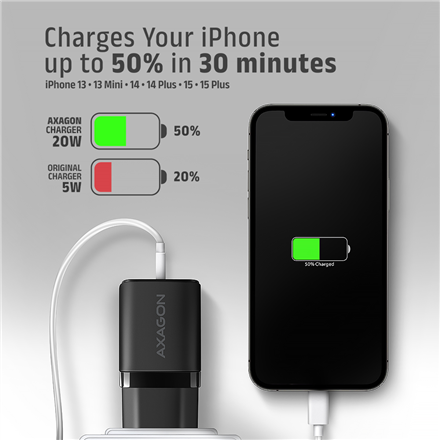 AXAGON Wallcharger 1x port USB-C, PD3.0/PPS/QC4+/AFC/FCP/Apple, 20W | ACU-PD20