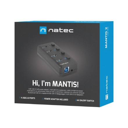 Natec USB 3.0 HUB, Mantis 2, 4-Port, On/Off with AC Adapter | Natec | 4 Port Hub With USB 3.0 | Mantis NHU-1557 | Black