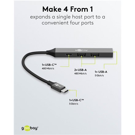 Goobay Slim 4-Port USB Hub, USB-C to USB-C/USB-A, 5 Gbit/s | 74459