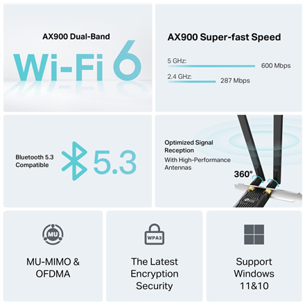 TP-LINK AX900 Wi-Fi 6 Bluetooth PCIe Adapter | Archer TX10E | 802.11ax | MU-MiMO Yes | no PoE | Antenna type Two High Gain Dual-Band Antennas