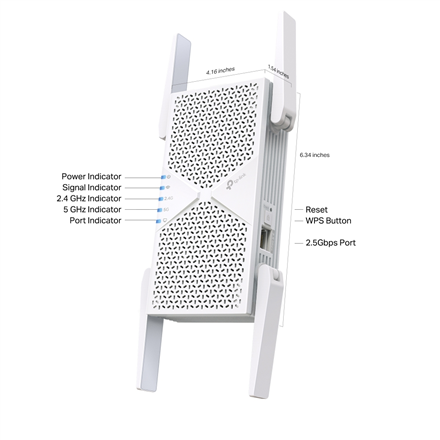 TP-LINK BE6500 Dual-Band Wi-Fi 7 Range Extender | RE405BE | 2.4 GHz, 5 GHz | 802.11ax | 688/5764 Mbit/s | Ethernet LAN (RJ-45) ports 1 | MU-MiMO No | no PoE