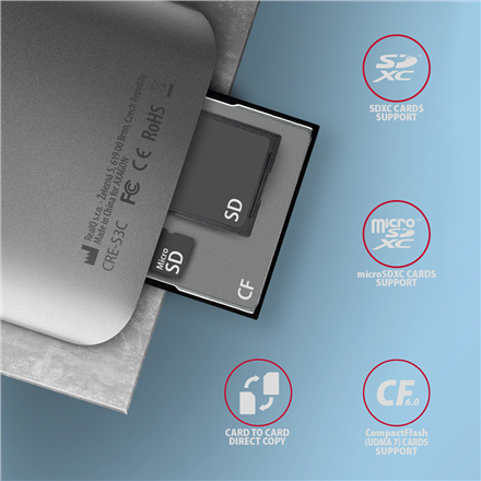 AXAGON Aluminum high-speed USB-C 3.2 Gen 1 memory card reader, 3 slots | CRE-S3C