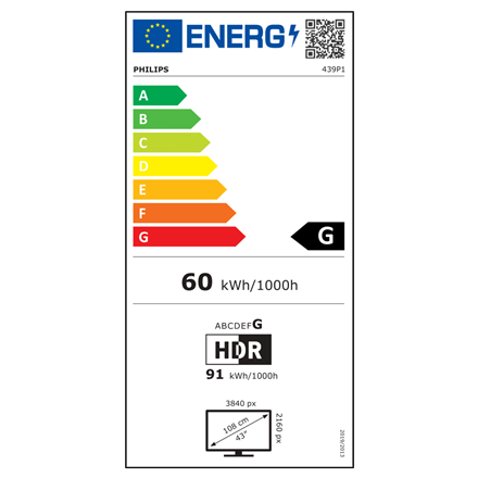 Philips | P Line | 439P1/00 | 43 " | VA | 4K UHD | 16:9 | 60 Hz | 4  ms | 3840 x 2160 | 400 cd/m² | Headphone output | HDMI ports quantity 3 | Warranty 36 month(s)