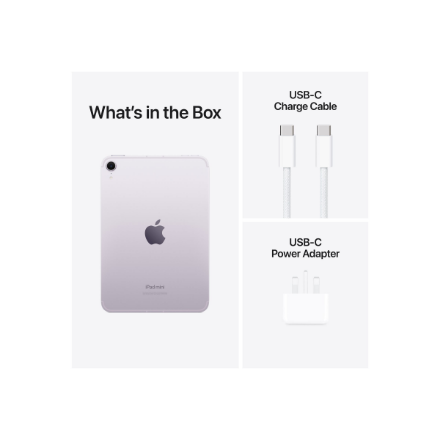 Apple | iPad mini Wi-Fi + Cellular | 8.3 " | Purple | IPS | 2266 x 1488 pixels | Apple A17 Pro | 128 GB | 3G | 4G | 5G | Wi-Fi | Front camera | 12 MP | Rear camera | 12 MP | Bluetooth | 5.3 | iPadOS | USB-C charging cable