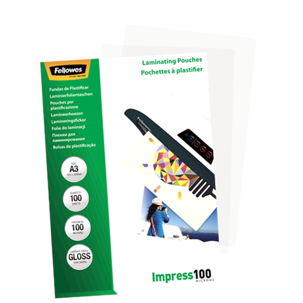 Fellowes | Laminating Pouch | A3 | Glossy | Thickness: 100 micron, Qty Per Pack: 100 pcs; Ideal for notices, craft materials, signage and frequently handled documents; Compatible with all laminator brands