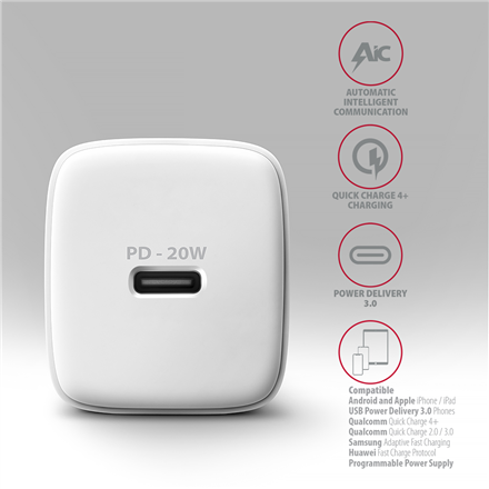 AXAGON Wallcharger 1x port USB-C, PD3.0 / PPS /QC4+/AFC/FCP/Apple, 20W | ACU-PD20W