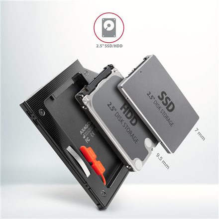 AXAGON Optical disk drive caddy for 2.5“ SSD/HDD. LED, 9.5 mm, Aluminum | RSS-CD09