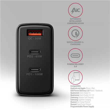 AXAGON GaN wallcharger, 3x port (USB-A + 2x USB-C), PD3.0/PPS/QC4+/SFC2.0/AFC/SCP/FCP/Apple, 100W | ACU-DPQ100