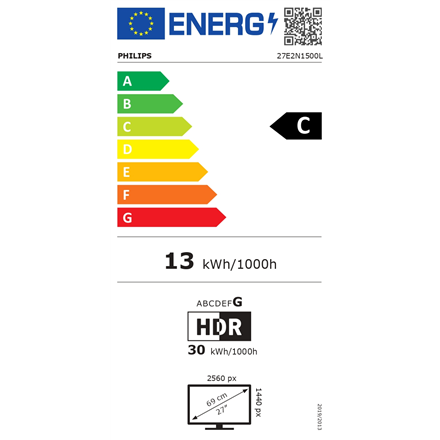 Philips | 27E2N1500L/00 | 27 " | IPS | Quad HD | 16:9 | 75 Hz | 4 ms | 2560 x 1440 pixels | 300 cd/m² | HDMI ports quantity 1 | Black