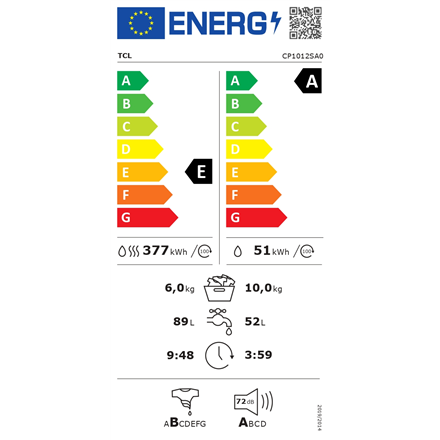 TCL Washing machine with dryer | CP1012SA0 | Energy efficiency class A/E | Front loading | Washing capacity 10 kg | 1200 RPM | Depth 63 cm | Width 60 cm | Display | LED | Drying system | Drying capacity 6 kg | Steam function