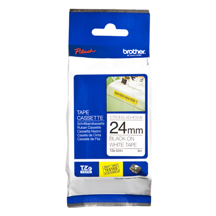 Brother | TZe-S251 Strong Adhesive Laminated Tape | Black on White | TZe | 8 m | 2.4 cm