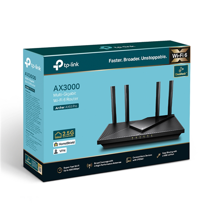 AX3000 Dual Band Gigabit Wi-Fi 6 Router | Archer AX55 Pro | 802.11ax | 574+2402 Mbit/s | 10/100/1000 Mbit/s | Ethernet LAN (RJ-45) ports 3 | Mesh Support Yes | MU-MiMO Yes | No mobile broadband | Antenna type External