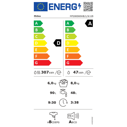 Midea Washing machine with dryer | MF200D80WB/1/W-HR | Energy efficiency class A/D | Front loading | Washing capacity 8 kg | 1400 RPM | Depth 48 cm | Width 60 cm | Display | LED | Drying system | Drying capacity 6 kg | Steam function | White