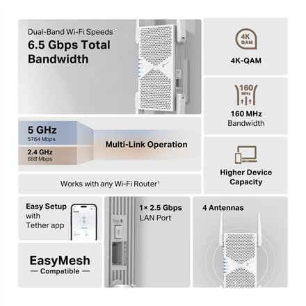 TP-LINK BE6500 Dual-Band Wi-Fi 7 Range Extender | RE405BE | 2.4 GHz, 5 GHz | 802.11ax | 688/5764 Mbit/s | Ethernet LAN (RJ-45) ports 1 | MU-MiMO No | no PoE