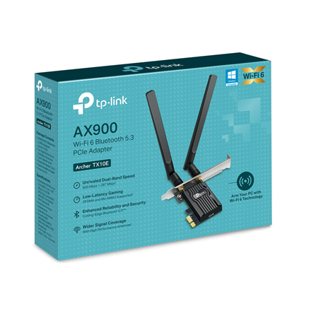TP-LINK AX900 Wi-Fi 6 Bluetooth PCIe Adapter | Archer TX10E | 802.11ax | MU-MiMO Yes | no PoE | Antenna type Two High Gain Dual-Band Antennas
