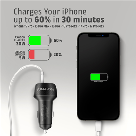 AXAGON Car charger 48W, USB-A + USB-C, PD3.0/PPS/QC4+/SFC | PWC-PQ48