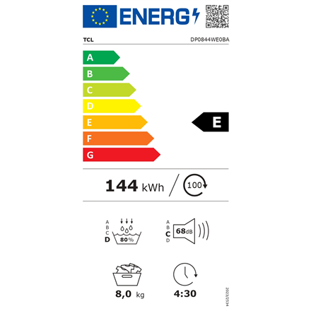 Dryer Machine | DP0844WE0 | TCL Front loading | Energy efficiency class E | 8 kg | LED | Heat pump | Depth 59.3 cm | White