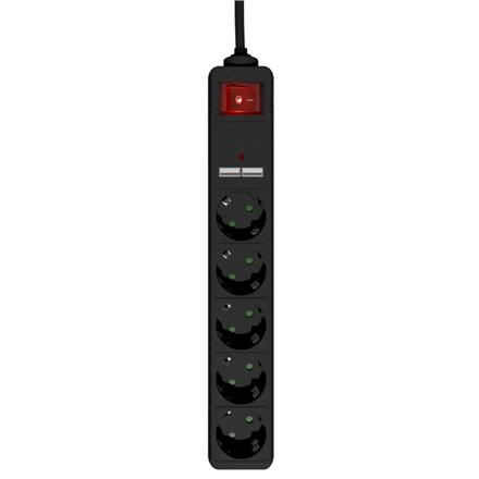 EnerGenie | Extension Cord with USB Charger, 5 outlets, 1.5 m, Black | SPG5-U2-5-02
