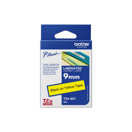 Brother | TZe-621 Laminated Tape | Black on Yellow | TZe | 8 m | 9 cm