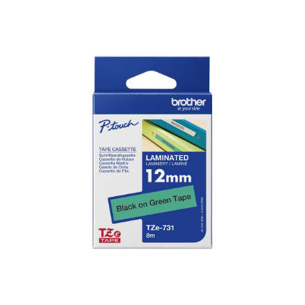 Brother | TZe-731 Laminated Tape | Black on Green | TZe | 8 m | 1.2 cm