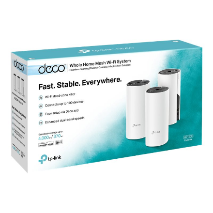 Whole Home Mesh WiFi System | Deco M4 (3-Pack) | 802.11ac | 300+867 Mbit/s | 10/100/1000 Mbit/s | Ethernet LAN (RJ-45) ports 2 | Mesh Support Yes | MU-MiMO Yes | No mobile broadband | Antenna type 2xInternal | No