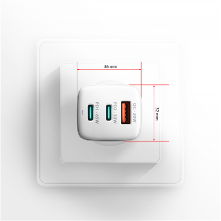 AXAGON GaN wallcharger 3x port (USB-A + 2x USB-C), PD3.0/PPS/QC4+/SFC2.0/AFC/SCP/FCP/Apple, 65W | ACU-DPQ65W