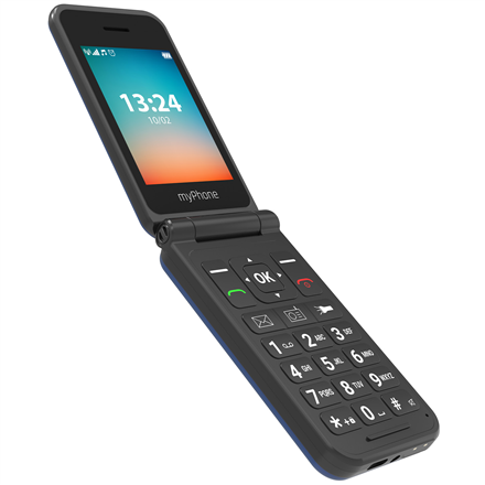 myPhone Flip | LTE | Navy Blue | 2.8 " | TFT | 48 MB | 128 MB | 3G | Bluetooth | 2.1 | USB version Type-C | Built-in camera | Main camera resolution 1.3 MP | 1000 mAh