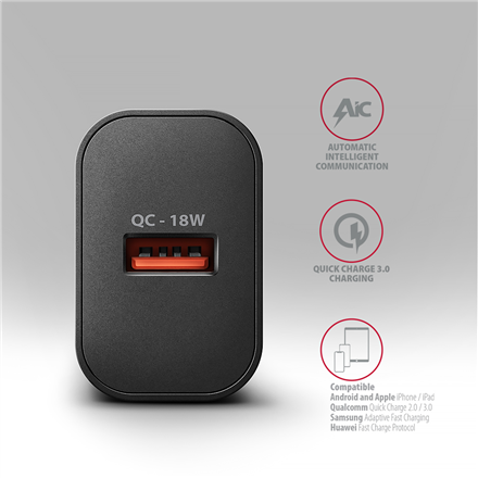 AXAGON Wallcharger 1x port USB-A, QC3.0/AFC/FCP/Apple, 18W | ACU-QC18