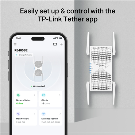 TP-LINK BE6500 Dual-Band Wi-Fi 7 Range Extender | RE405BE | 2.4 GHz, 5 GHz | 802.11ax | 688/5764 Mbit/s | Ethernet LAN (RJ-45) ports 1 | MU-MiMO No | no PoE