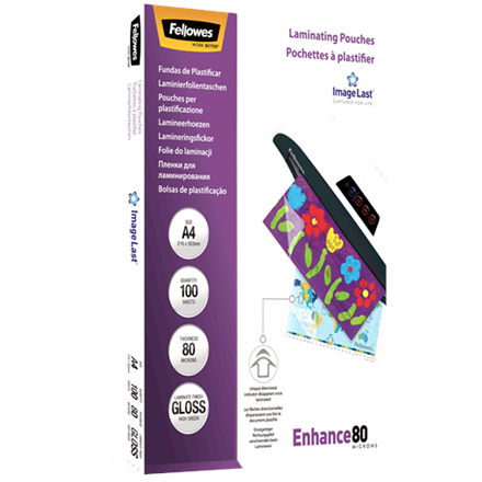 Fellowes | Laminating Pouch PREMIUM | A4 | Clear | Enhance 80 Micron thickness, 216x303 mm - A4, 100 pcs; Unique directional arrow quality mark disappears when laminated.