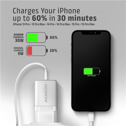 AXAGON Sil wallcharger 1x port USB-C, PD3.0 /PPS/QC4+/SFC/AFC/Apple, 30w | ACU-PD30W