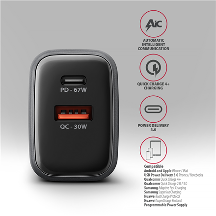 AXAGON Wall charger 67W, 2x port (USB-A + USB-C) PD3.0/PPS/QC4+/SFC 2.0/Apple | ACU-PQ67
