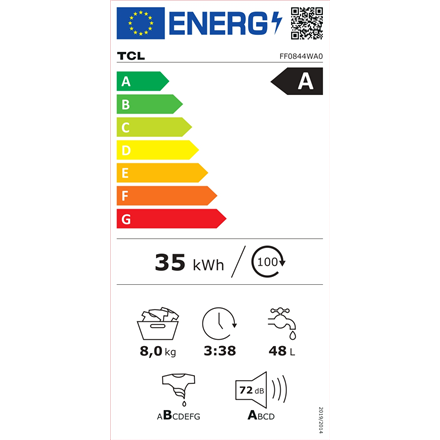 TCL Washing machine | FF0844WA0 | Energy efficiency class A | Front loading | Washing capacity 8 kg | 1400 RPM | Depth 52 cm | Width 60 cm | Display | LED | Steam function | Wi-Fi | White